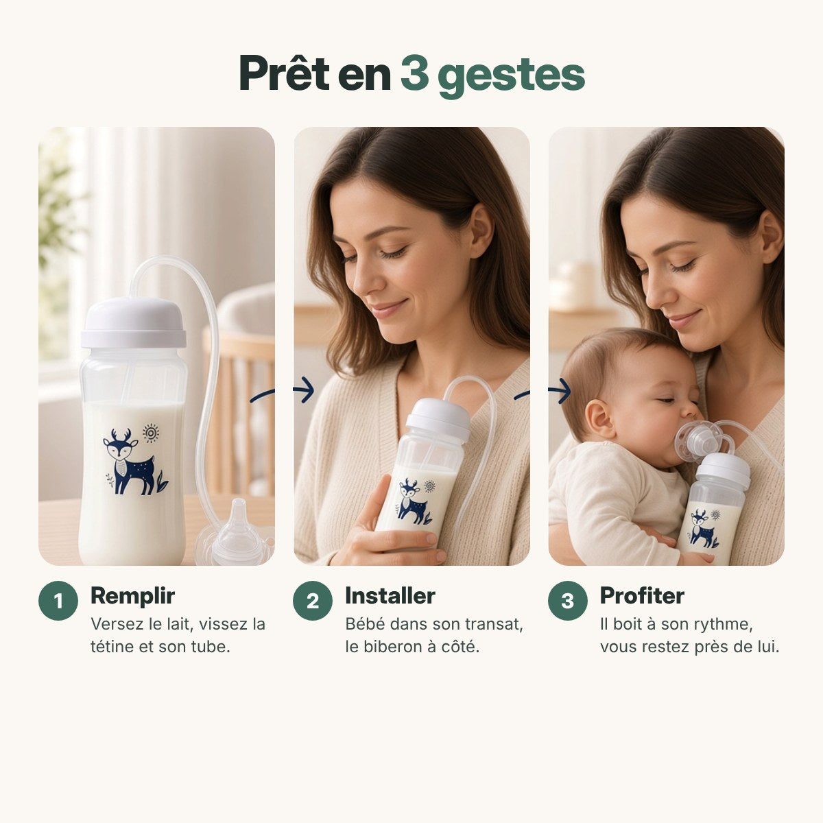Mode d'emploi du biberon mains libres en 3 gestes