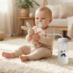 Bébé assis au salon qui boit au biberon mains libres