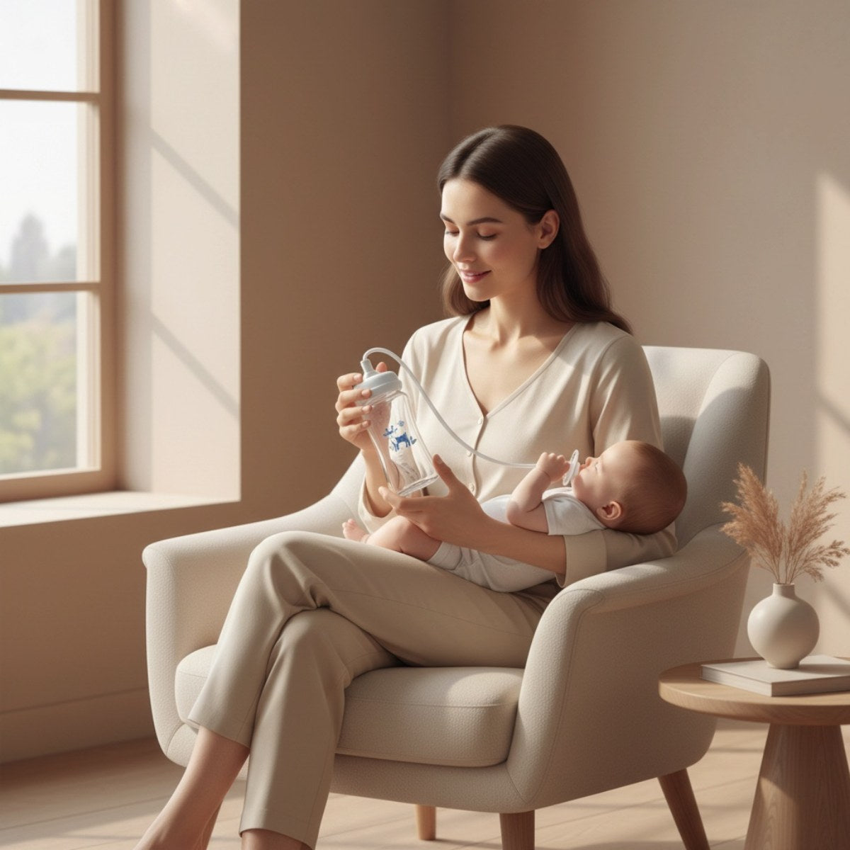 Maman dans un fauteuil qui donne le biberon Liberté à son bébé