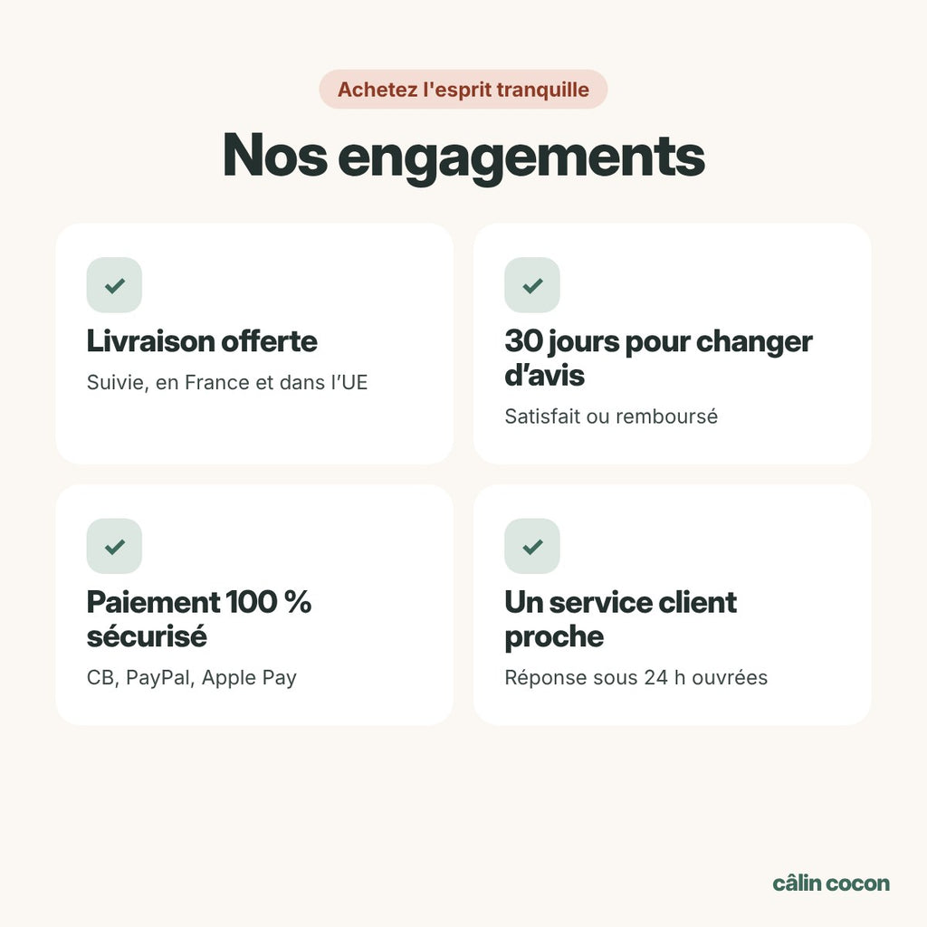 Nos engagements : livraison offerte, 30 jours satisfait ou remboursé, paiement sécurisé